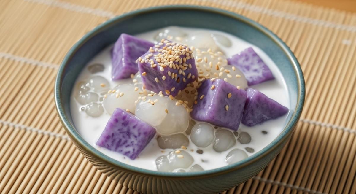 A blue ceramic bowl holds a creamy dessert soup containing chunks of purple taro and translucent white tapioca pearls. Toasted sesame seeds are sprinkled generously over the top, adding texture to the dish which rests on a bamboo mat. A blue ceramic bowl holds a creamy dessert soup containing chunks of purple taro and translucent white tapioca pearls. Toasted sesame seeds are sprinkled generously over the top, adding texture to the dish which rests on a bamboo mat.