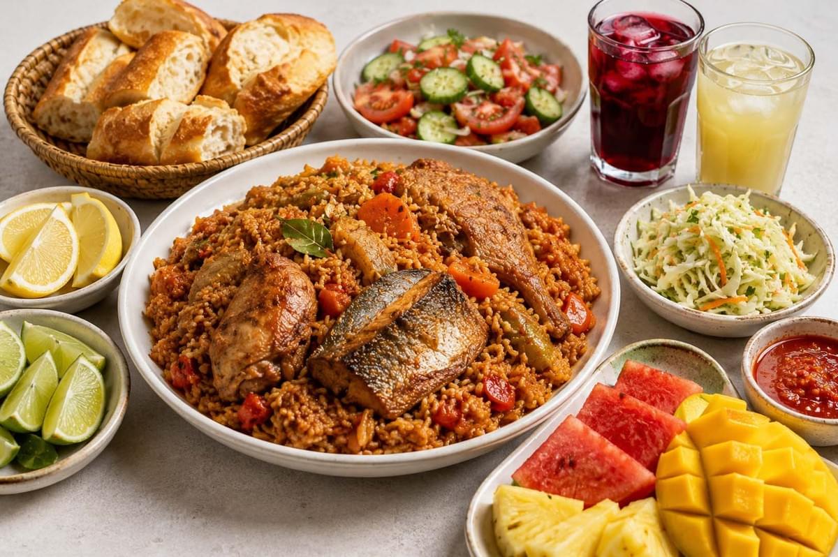 Table spread with a large bowl of rice, chicken, and fish, accompanied by bread, salads, juices, and fresh fruit Table spread with a large bowl of rice, chicken, and fish, accompanied by bread, salads, juices, and fresh fruit