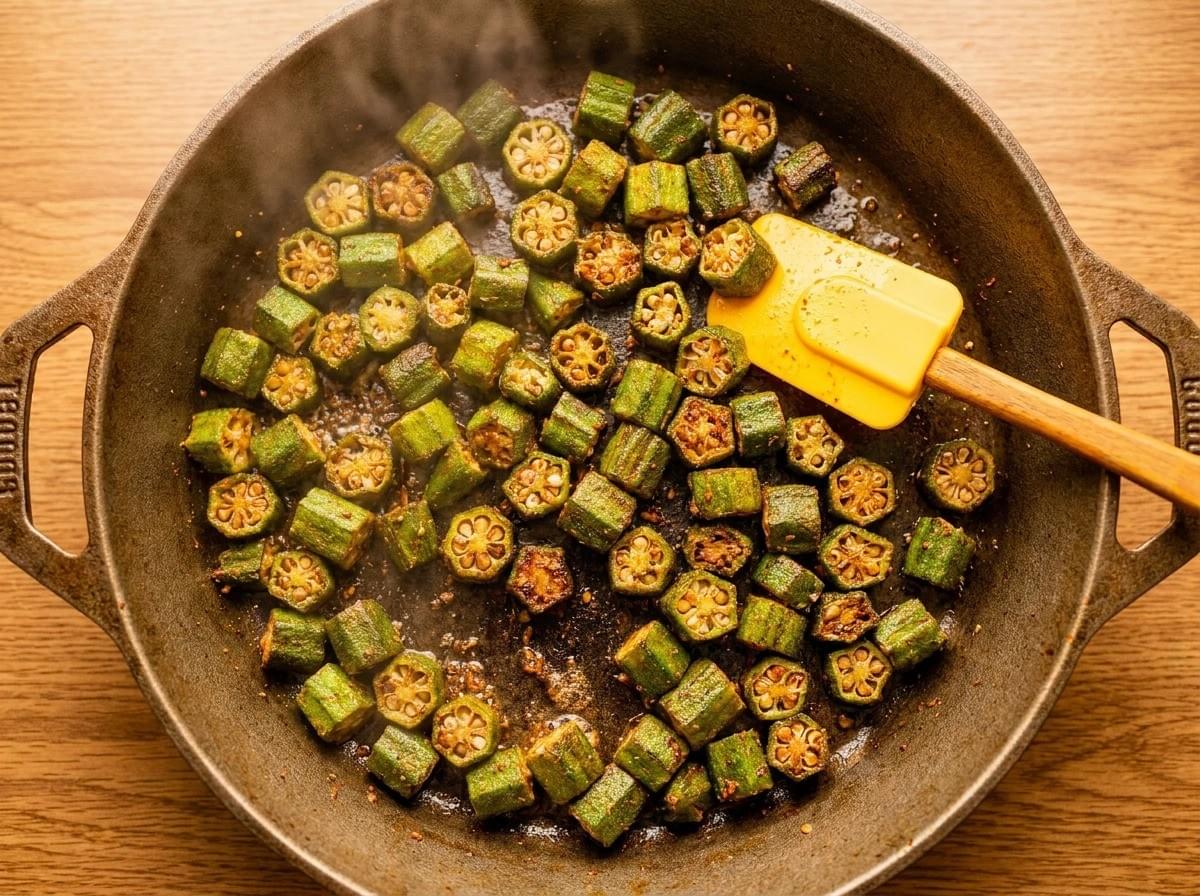 A high-angle shot of a white bowl filled with crispy, golden-brown fried okra slices, garnished with red chili flakes and fresh green herbs, resting on a rustic wooden table next to raw okra pods. A high-angle shot of a white bowl filled with crispy, golden-brown fried okra slices, garnished with red chili flakes and fresh green herbs, resting on a rustic wooden table next to raw okra pods.