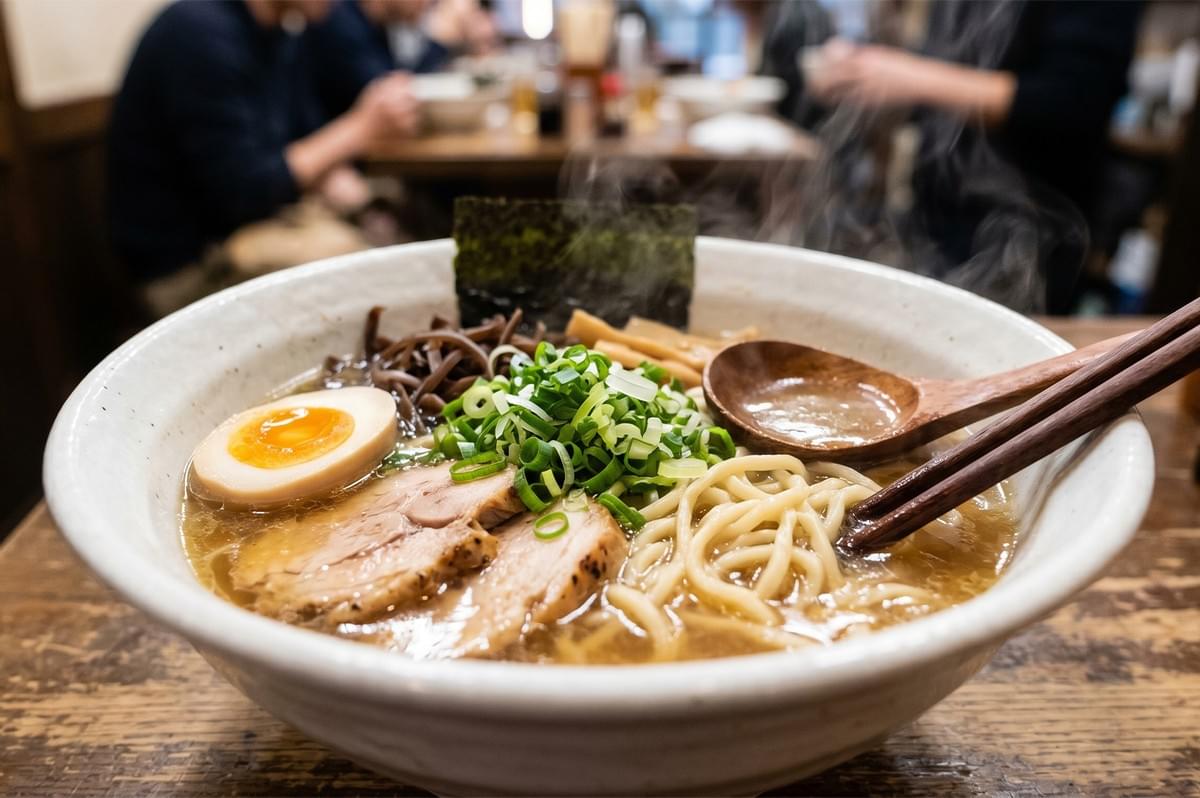 A steaming bowl of authentic Japanese ramen topped with chashu pork, a soft-boiled egg, and fresh green onions. A steaming bowl of authentic Japanese ramen topped with chashu pork, a soft-boiled egg, and fresh green onions.