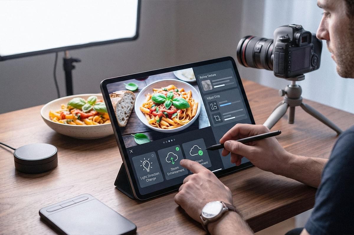 A photographer uses a stylus on a tablet to adjust a food photo of pasta, with options for lighting, steam, texture, and crop shown on screen. A photographer uses a stylus on a tablet to adjust a food photo of pasta, with options for lighting, steam, texture, and crop shown on screen.