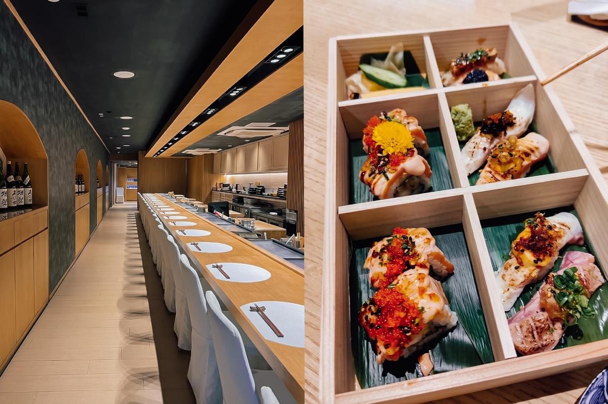 Left image alt text: A long Japanese omakase counter with neatly arranged place settings, light wood finishes, and warm ambient lighting. The minimalist interior features an open kitchen, creating an intimate and elegant dining atmosphere. Right image alt text: A wooden compartment box presenting an assortment of specialty sushi and sushi rolls, each topped with premium ingredients such as fish roe, seared seafood, caviar, and edible flowers. The colorful selection is beautifully arranged on green leaf liners, highlighting the artistry of Japanese cuisine. Left image alt text: A long Japanese omakase counter with neatly arranged place settings, light wood finishes, and warm ambient lighting. The minimalist interior features an open kitchen, creating an intimate and elegant dining atmosphere. Right image alt text: A wooden compartment box presenting an assortment of specialty sushi and sushi rolls, each topped with premium ingredients such as fish roe, seared seafood, caviar, and edible flowers. The colorful selection is beautifully arranged on green leaf liners, highlighting the artistry of Japanese cuisine.