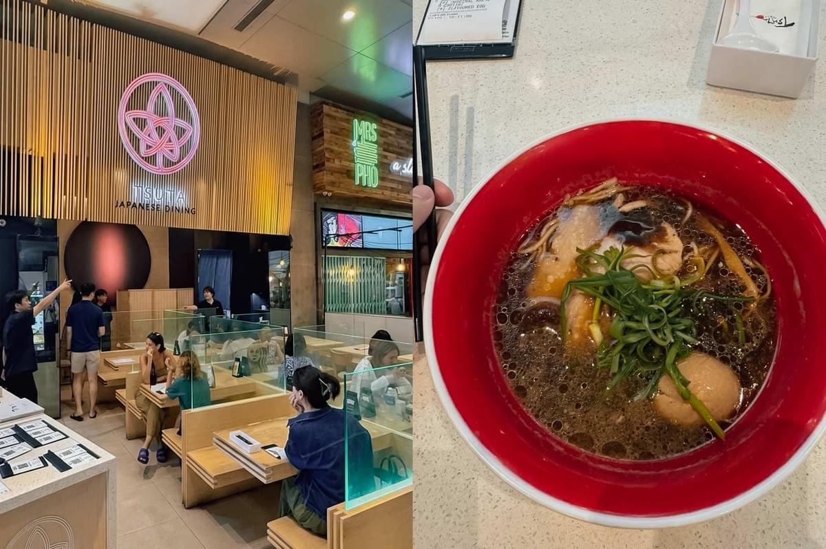 This split-screen image showcases Tsuta Japanese Dining, with the left side showing the restaurant's modern interior featuring warm light-wood accents, glass partition dividers between tables, and a vibrant pink illuminated floral logo overhead, while the right side presents a top-down view of a rich bowl of shoyu ramen served in a bright red bowl, complete with tender chashu slices, a soft-boiled ramen egg, and shredded scallions. This split-screen image showcases Tsuta Japanese Dining, with the left side showing the restaurant's modern interior featuring warm light-wood accents, glass partition dividers between tables, and a vibrant pink illuminated floral logo overhead, while the right side presents a top-down view of a rich bowl of shoyu ramen served in a bright red bowl, complete with tender chashu slices, a soft-boiled ramen egg, and shredded scallions.