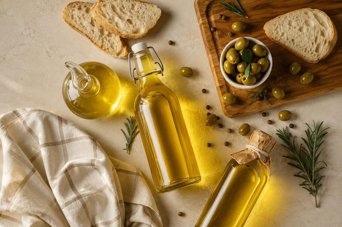 An overhead flat lay of glass bottles of olive oil, rustic bread slices, fresh rosemary sprigs, and a small bowl of green olives. An overhead flat lay of glass bottles of olive oil, rustic bread slices, fresh rosemary sprigs, and a small bowl of green olives.