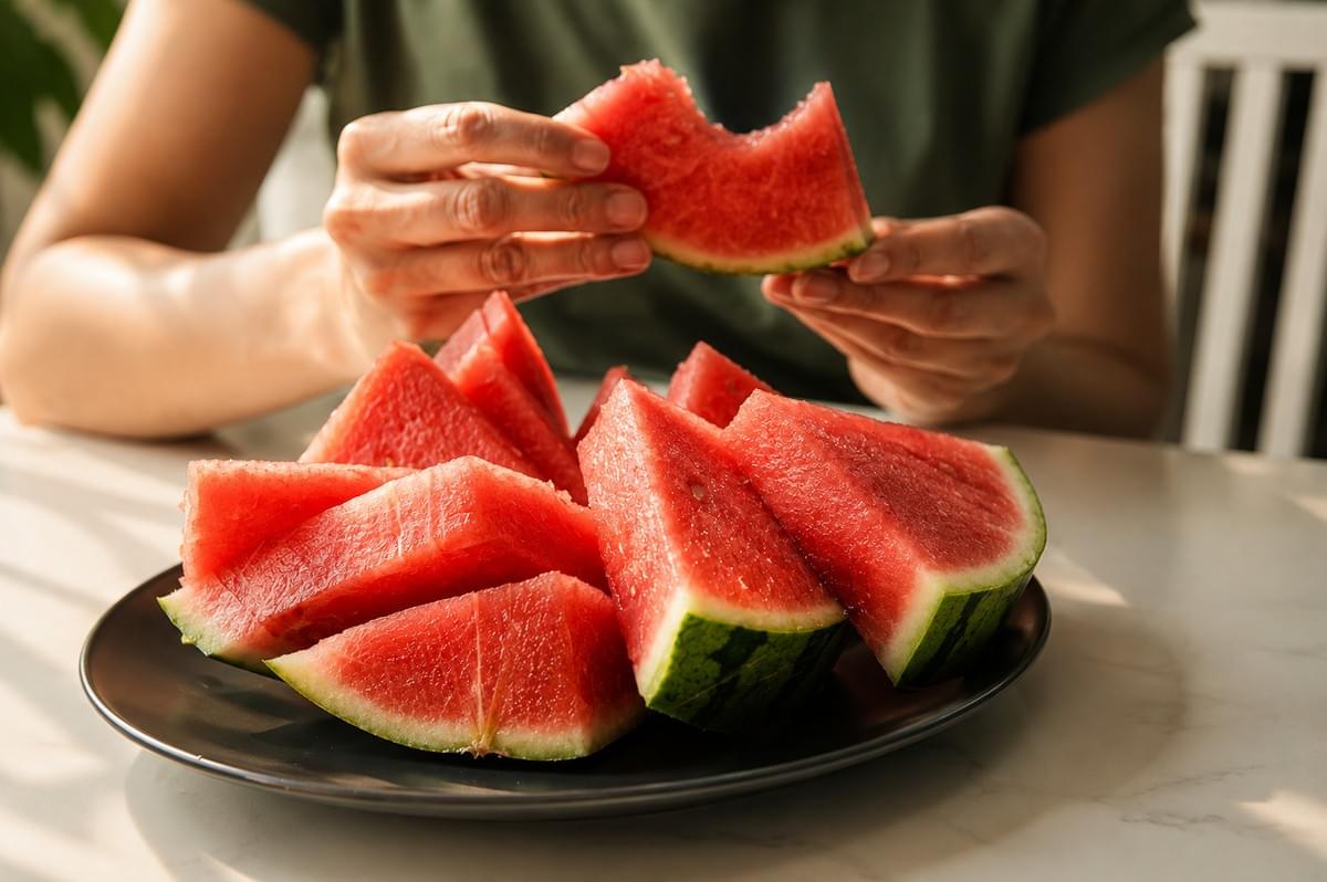 A person holding a slice of watermelon over a black plate filled with watermelon wedges. A person holding a slice of watermelon over a black plate filled with watermelon wedges.