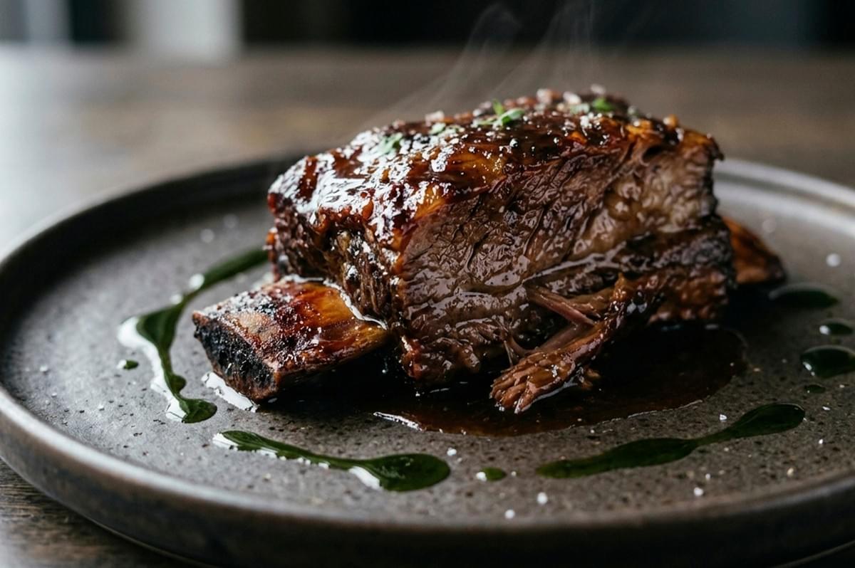 Deeply braised and glazed beef short rib sitting on a rustic, dark textured metal plate. The shot is at eye level, focused tightly on the meat's texture. The exterior is dark, caramelized, and coated in a glossy, rich brown reduction with some char and whole spice bits. A portion of the meat has been shredded, revealing extremely tender, fork-pulled beef with rich, deep-pink and brown fibers, highlighting its tenderness. The surrounding plate surface is dark and uneven, pooling a rich, dark sauce mixed with vibrant green chive or herb oil and some dark, caramelized vegetable bits, all beautifully backlit. The background is a dark, warm, blurred wooden texture. Deeply braised and glazed beef short rib sitting on a rustic, dark textured metal plate. The shot is at eye level, focused tightly on the meat's texture. The exterior is dark, caramelized, and coated in a glossy, rich brown reduction with some char and whole spice bits. A portion of the meat has been shredded, revealing extremely tender, fork-pulled beef with rich, deep-pink and brown fibers, highlighting its tenderness. The surrounding plate surface is dark and uneven, pooling a rich, dark sauce mixed with vibrant green chive or herb oil and some dark, caramelized vegetable bits, all beautifully backlit. The background is a dark, warm, blurred wooden texture.