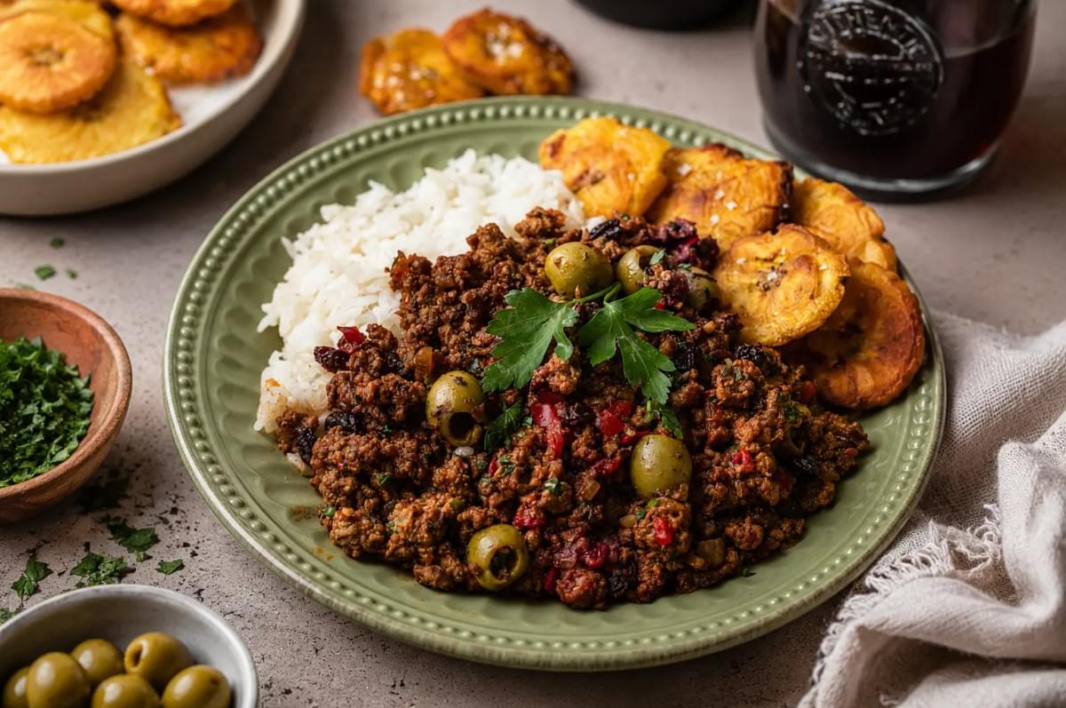 A green plate served with savory picadillo, white rice, fried sweet plantains, and garnished with fresh parsley and green olives. A green plate served with savory picadillo, white rice, fried sweet plantains, and garnished with fresh parsley and green olives.