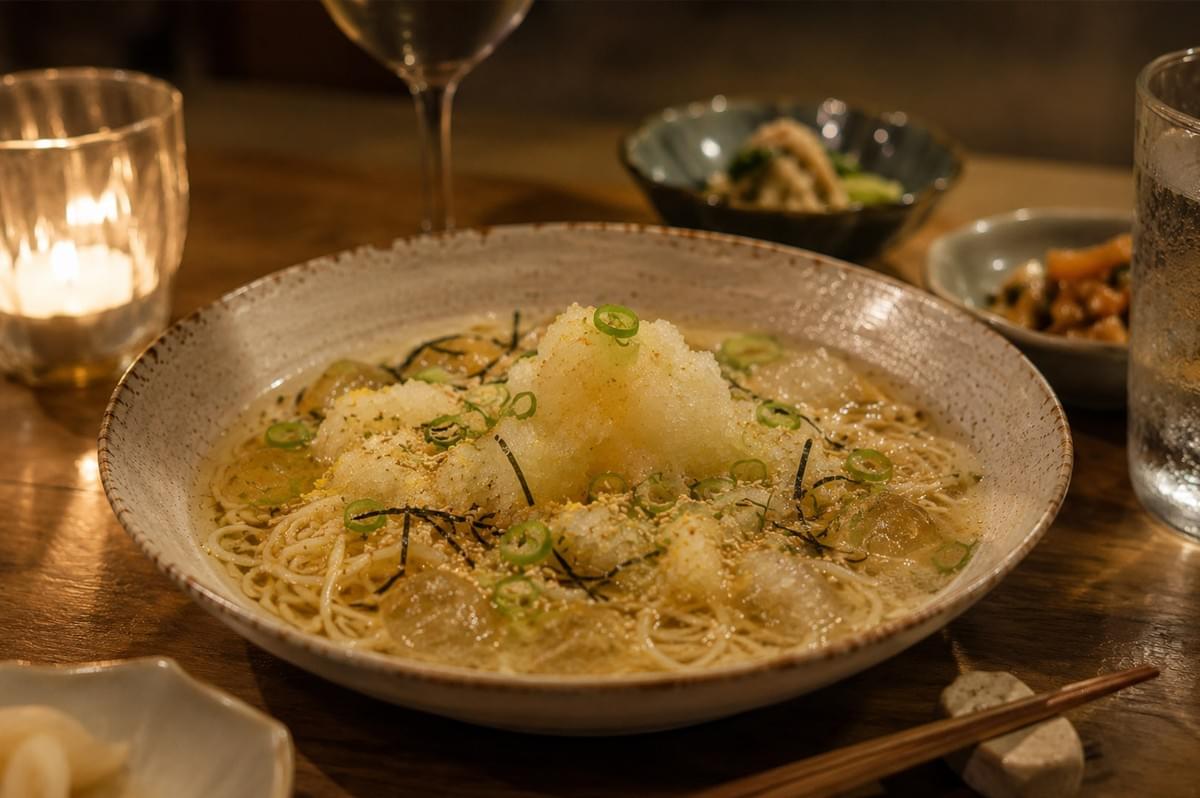 A bowl of icy yuzu somen noodles sits on a rustic wooden dining table lit by warm candle glow, accompanied by wooden chopsticks on a rest, side dishes in small ceramic bowls, and a water glass. A bowl of icy yuzu somen noodles sits on a rustic wooden dining table lit by warm candle glow, accompanied by wooden chopsticks on a rest, side dishes in small ceramic bowls, and a water glass.