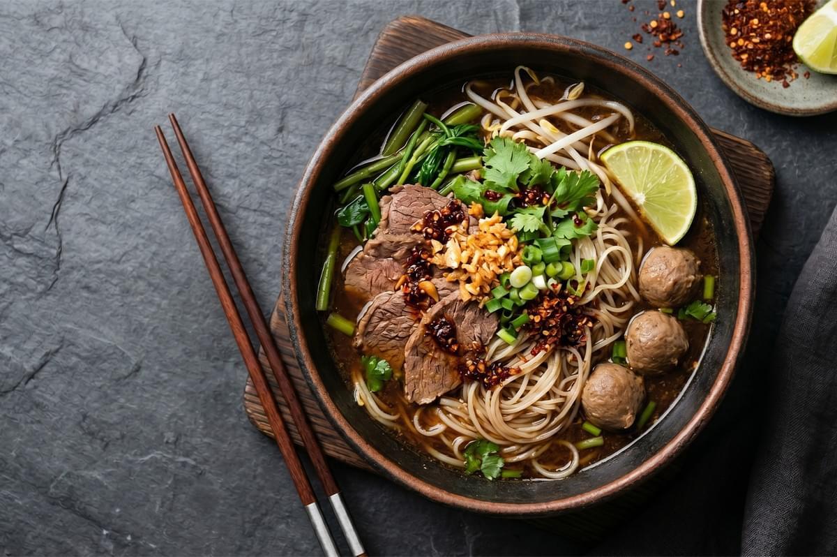 A bowl of Thai beef boat noodles featuring rice noodles, tender beef slices, beef meatballs, and morning glory in a rich, dark aromatic broth. A bowl of Thai beef boat noodles featuring rice noodles, tender beef slices, beef meatballs, and morning glory in a rich, dark aromatic broth.