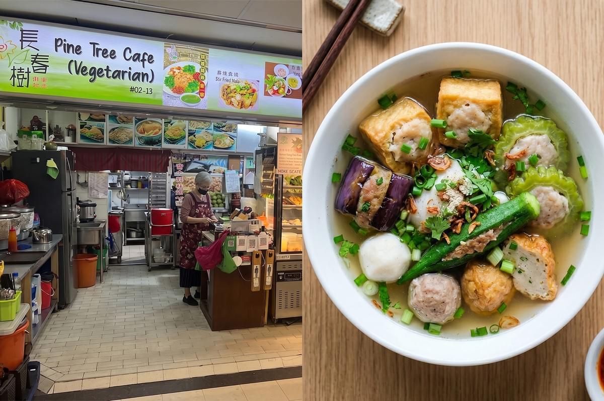 Storefront of Pine Tree Cafe, a vegetarian eatery, displayed next to a bowl of traditional Yong Tau Foo featuring stuffed vegetables and tofu in clear broth. Storefront of Pine Tree Cafe, a vegetarian eatery, displayed next to a bowl of traditional Yong Tau Foo featuring stuffed vegetables and tofu in clear broth.