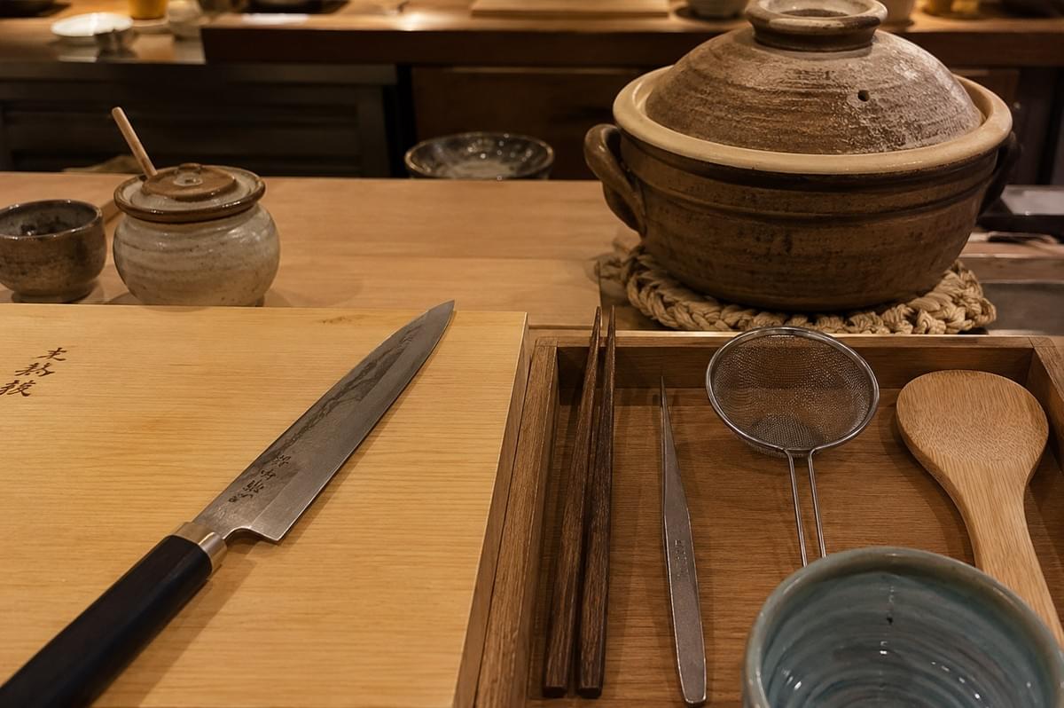 A sharp, traditional Japanese chef's knife with a black handle rests on a light wooden cutting board, set beside a wooden tray neatly organized with long cooking chopsticks, fine-point tweezers, a small mesh strainer, a wooden spoon, and a light blue ceramic cup. In the background of the warm wooden prep counter sits a rustic, covered earthenware donabe pot on a woven trivet alongside small condiment jars and ceramic dishes. A sharp, traditional Japanese chef's knife with a black handle rests on a light wooden cutting board, set beside a wooden tray neatly organized with long cooking chopsticks, fine-point tweezers, a small mesh strainer, a wooden spoon, and a light blue ceramic cup. In the background of the warm wooden prep counter sits a rustic, covered earthenware donabe pot on a woven trivet alongside small condiment jars and ceramic dishes.