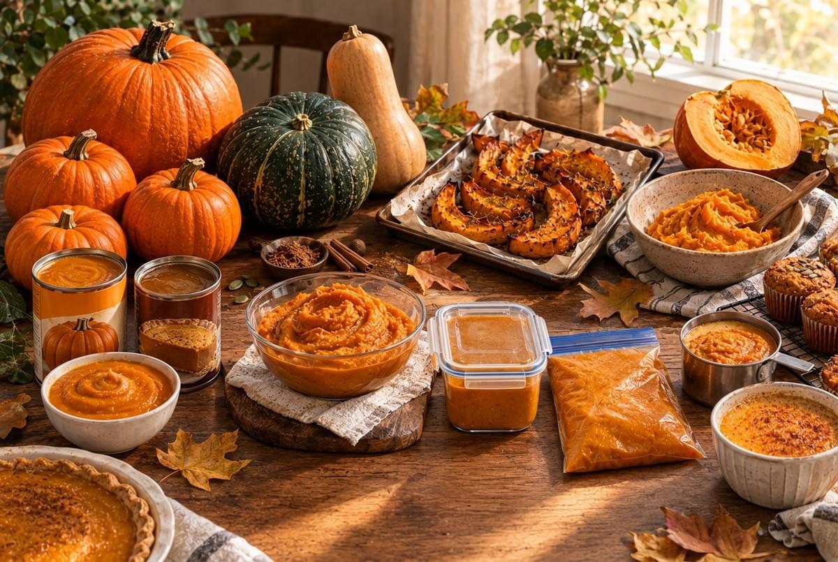 Wooden table spread with fresh pumpkins, roasted wedges, pumpkin puree, muffins, and pie. Wooden table spread with fresh pumpkins, roasted wedges, pumpkin puree, muffins, and pie.