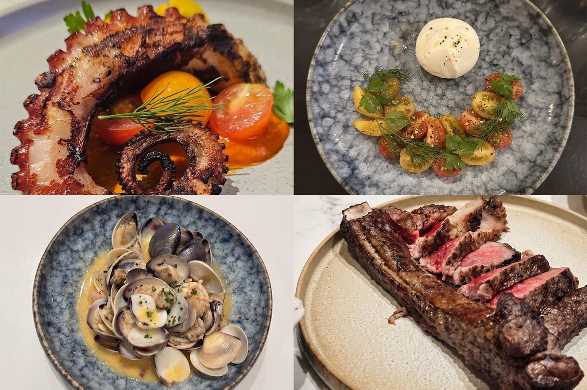 Collage of gourmet starters at The White Label featuring grilled octopus with romesco sauce, fresh burrata salad, steamed clams, and grilled bone marrow. Collage of gourmet starters at The White Label featuring grilled octopus with romesco sauce, fresh burrata salad, steamed clams, and grilled bone marrow.