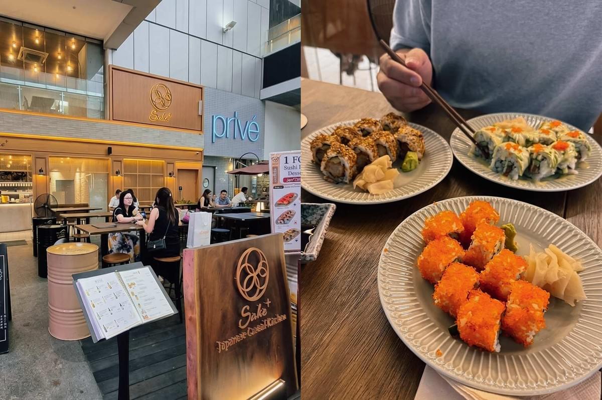 This split-screen image highlights Sake+ Japanese Casual Kitchen, showing its open-air storefront on the left with warm light-wood walling, wooden menu stands, and patrons dining at outdoor tables, while the right side displays a close-up of a tabletop spread featuring three round plates of sushi rolls, including ones coated in bright orange tobiko and toasted sesame seeds, served alongside pickled ginger and wasabi. This split-screen image highlights Sake+ Japanese Casual Kitchen, showing its open-air storefront on the left with warm light-wood walling, wooden menu stands, and patrons dining at outdoor tables, while the right side displays a close-up of a tabletop spread featuring three round plates of sushi rolls, including ones coated in bright orange tobiko and toasted sesame seeds, served alongside pickled ginger and wasabi.
