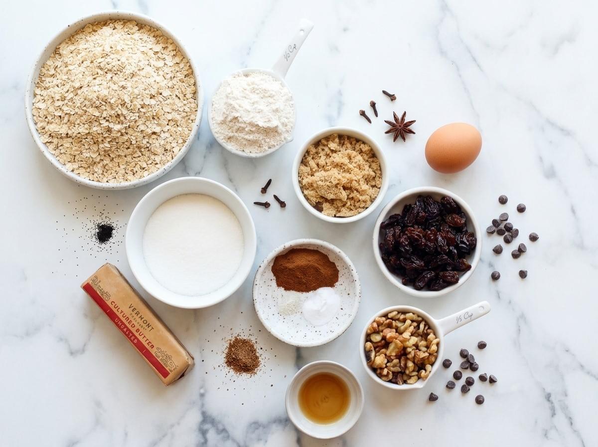 An overhead view of measured baking ingredients on a marble surface, including oats, flour, sugars, butter, raisins, walnuts, chocolate chips, and spices. An overhead view of measured baking ingredients on a marble surface, including oats, flour, sugars, butter, raisins, walnuts, chocolate chips, and spices.