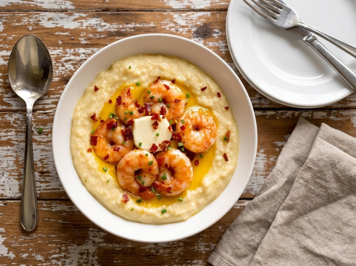 Bowl of creamy grits topped with sautéed shrimp, bacon bits, and a pad of butter. Bowl of creamy grits topped with sautéed shrimp, bacon bits, and a pad of butter.