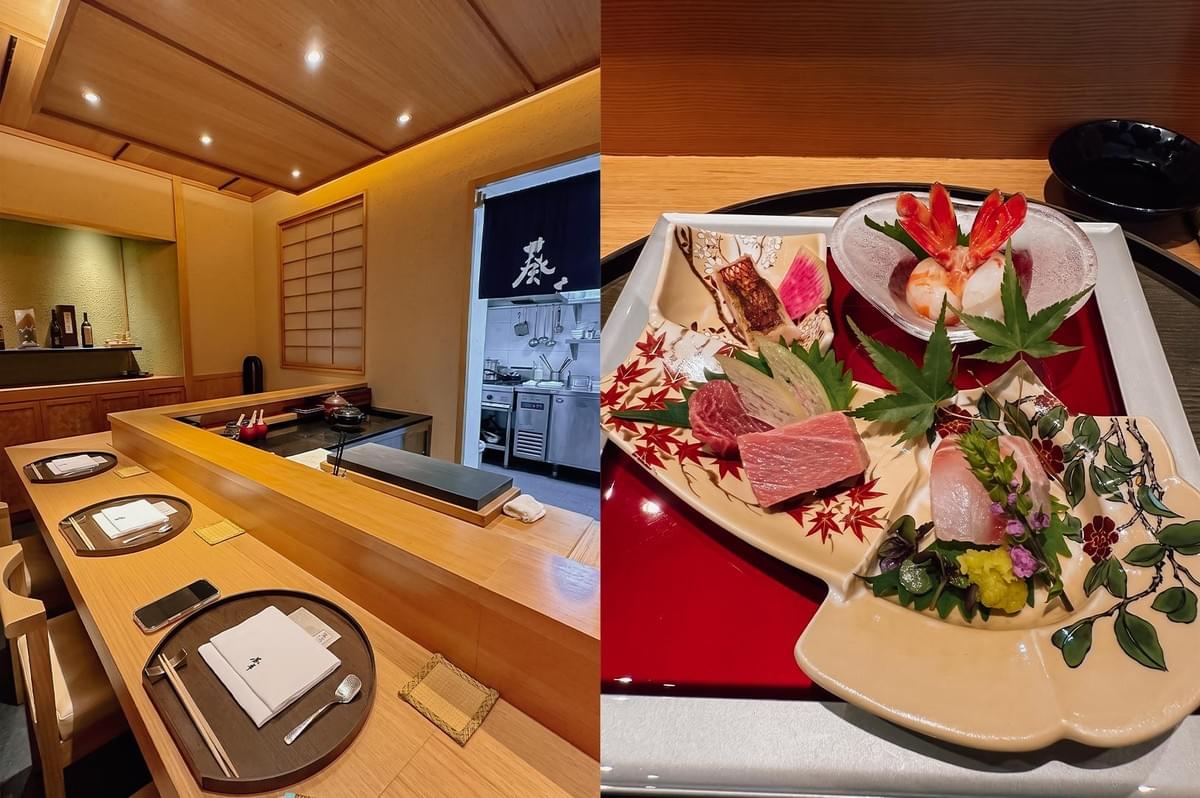Left: The interior of an upscale Japanese restaurant features a pristine wooden counter with neatly set placemats, napkins, chopsticks, and spoons, alongside a view into the kitchen. Right: An elaborate sashimi platter on a decorative ceramic and lacquer tray features assorted raw fish slices, shrimp, and garnishes decorated with autumn leaves and edible flowers. Left: The interior of an upscale Japanese restaurant features a pristine wooden counter with neatly set placemats, napkins, chopsticks, and spoons, alongside a view into the kitchen. Right: An elaborate sashimi platter on a decorative ceramic and lacquer tray features assorted raw fish slices, shrimp, and garnishes decorated with autumn leaves and edible flowers.