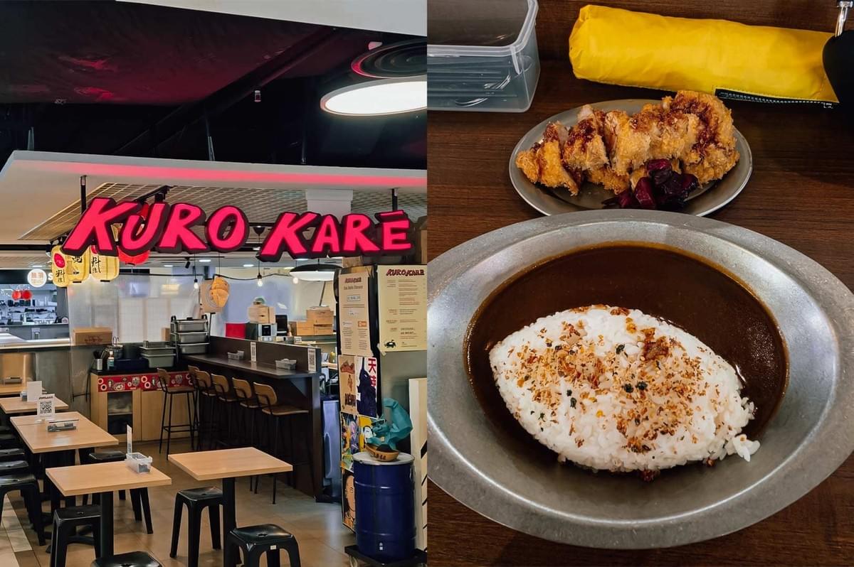 A split composition featuring Kuro Kare in Singapore, displaying on the left an exterior view of the eatery with neon red signage, counter seating, and small wooden dining tables, alongside a right-hand view of a metallic dish filled with dark Japanese curry roux and furikake-dusted white rice, served with a side plate of sliced, golden-brown katsu and pickles. A split composition featuring Kuro Kare in Singapore, displaying on the left an exterior view of the eatery with neon red signage, counter seating, and small wooden dining tables, alongside a right-hand view of a metallic dish filled with dark Japanese curry roux and furikake-dusted white rice, served with a side plate of sliced, golden-brown katsu and pickles.