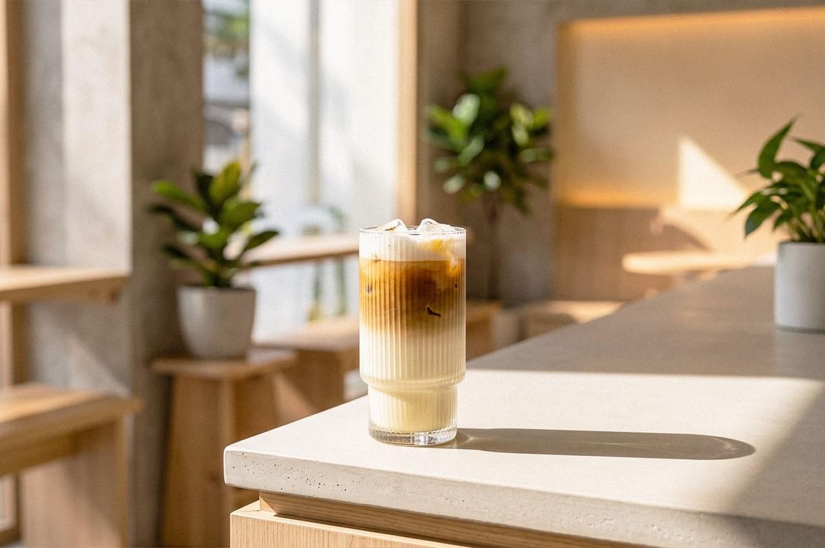 Iced latte with a creamy foam layer served in a clear ribbed glass on a café counter, with warm sunlight and indoor plants in the background. Iced latte with a creamy foam layer served in a clear ribbed glass on a café counter, with warm sunlight and indoor plants in the background.
