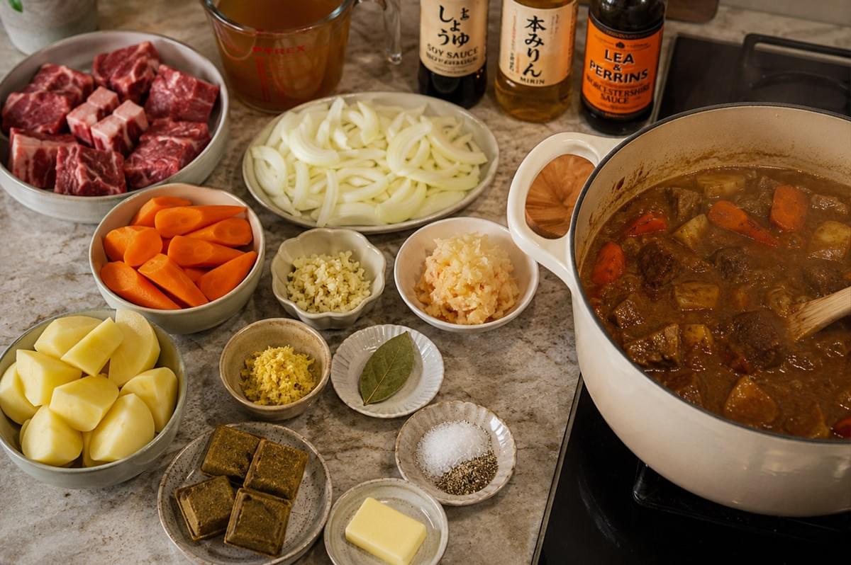 A beautifully organized overhead shot showcasing the ingredients for the curry arranged as a mise en place on a gray marble countertop next to a simmering Dutch oven. On the left, individual ceramic bowls hold cubed raw beef, thick wedges of carrots, chunks of peeled potatoes, sliced white onions, minced garlic, grated ginger, a single bay leaf, Japanese curry roux blocks, a pat of butter, and salt and pepper. In the background, liquid beef stock in a measuring cup sits alongside bottles of soy sauce, mirin, and Lea & Perrins Worcestershire sauce, while the right side shows the curry bubbling gently in an enameled cream-colored pot. A beautifully organized overhead shot showcasing the ingredients for the curry arranged as a mise en place on a gray marble countertop next to a simmering Dutch oven. On the left, individual ceramic bowls hold cubed raw beef, thick wedges of carrots, chunks of peeled potatoes, sliced white onions, minced garlic, grated ginger, a single bay leaf, Japanese curry roux blocks, a pat of butter, and salt and pepper. In the background, liquid beef stock in a measuring cup sits alongside bottles of soy sauce, mirin, and Lea & Perrins Worcestershire sauce, while the right side shows the curry bubbling gently in an enameled cream-colored pot.