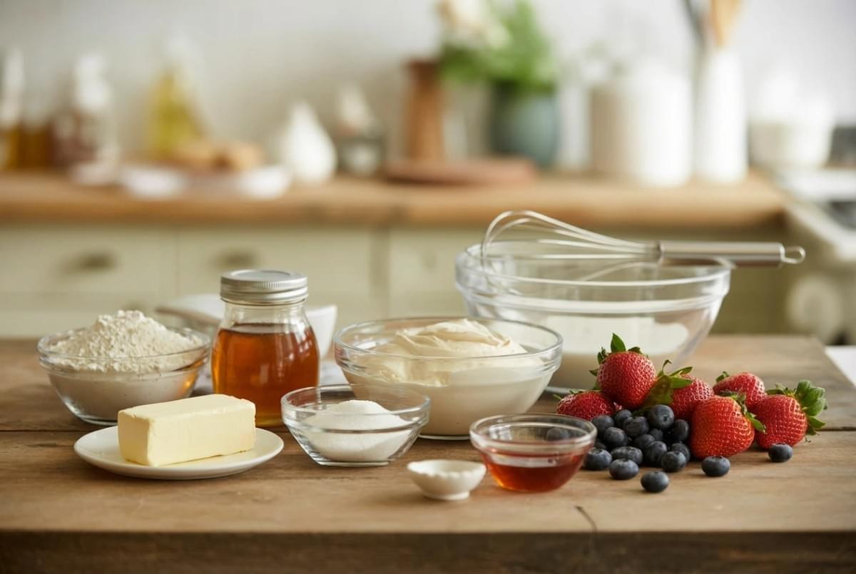 Fresh baking ingredients including a stick of butter, bowls of cream and sugar, jars of honey, fresh strawberries, and blueberries set on a wooden table. Fresh baking ingredients including a stick of butter, bowls of cream and sugar, jars of honey, fresh strawberries, and blueberries set on a wooden table.