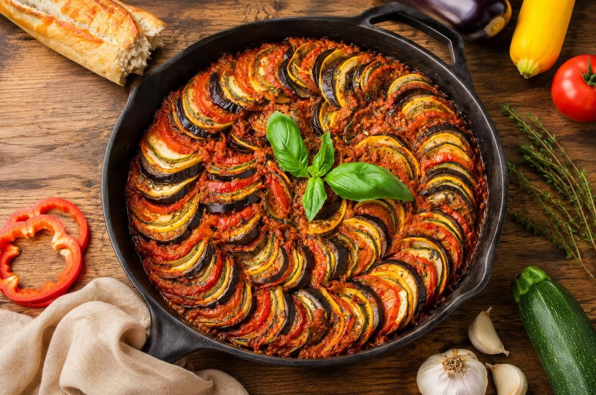 Baked ratatouille topped with fresh basil leaves in a black skillet, surrounded by whole vegetables and bread slices on a wooden table. Baked ratatouille topped with fresh basil leaves in a black skillet, surrounded by whole vegetables and bread slices on a wooden table.