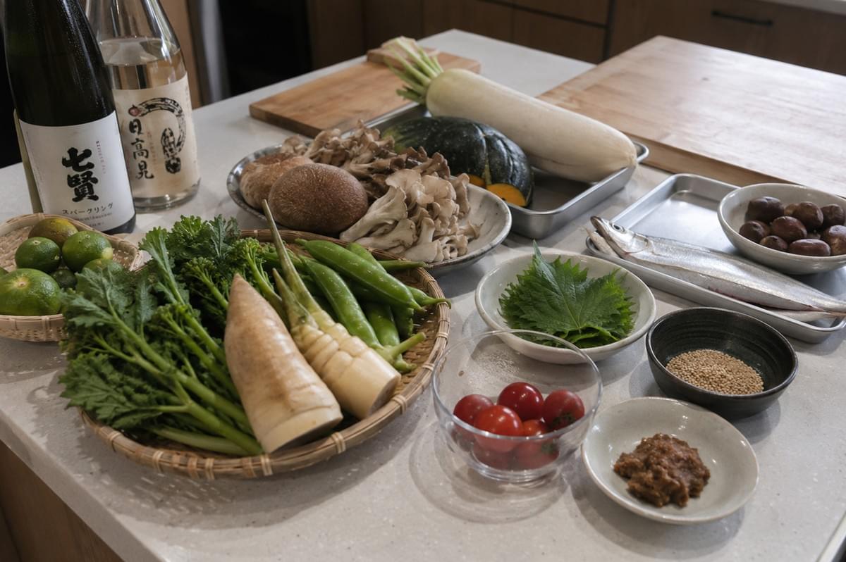 In a bright kitchen, a person’s hands are shown preparing ingredients, including a bowl of leafy greens being sorted and washed. The wooden counter is filled with a variety of fresh produce, including a large eggplant, a cucumber, a tomato, a metal tray of green beans, and a tray of whole fish waiting to be cleaned. Small bowls containing garnishes like shredded ginger and chopped scallions are arranged neatly, showcasing the meticulous preparation typical of Japanese culinary practices. In a bright kitchen, a person’s hands are shown preparing ingredients, including a bowl of leafy greens being sorted and washed. The wooden counter is filled with a variety of fresh produce, including a large eggplant, a cucumber, a tomato, a metal tray of green beans, and a tray of whole fish waiting to be cleaned. Small bowls containing garnishes like shredded ginger and chopped scallions are arranged neatly, showcasing the meticulous preparation typical of Japanese culinary practices.