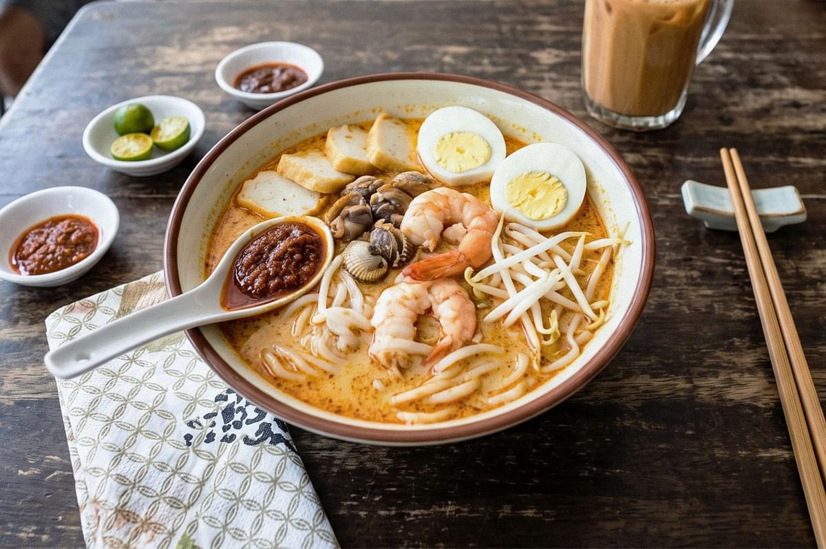 Bowl of creamy laksa noodles topped with shrimp, mussels, bean sprouts, fish cake, tofu, and sliced hard-boiled eggs, served with sambal and calamansi on the side. Bowl of creamy laksa noodles topped with shrimp, mussels, bean sprouts, fish cake, tofu, and sliced hard-boiled eggs, served with sambal and calamansi on the side.