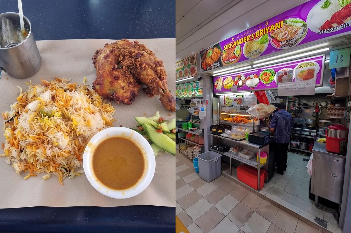 Halal Indian restaurant stall and chicken biryani dish served on a tray. Halal Indian restaurant stall and chicken biryani dish served on a tray.