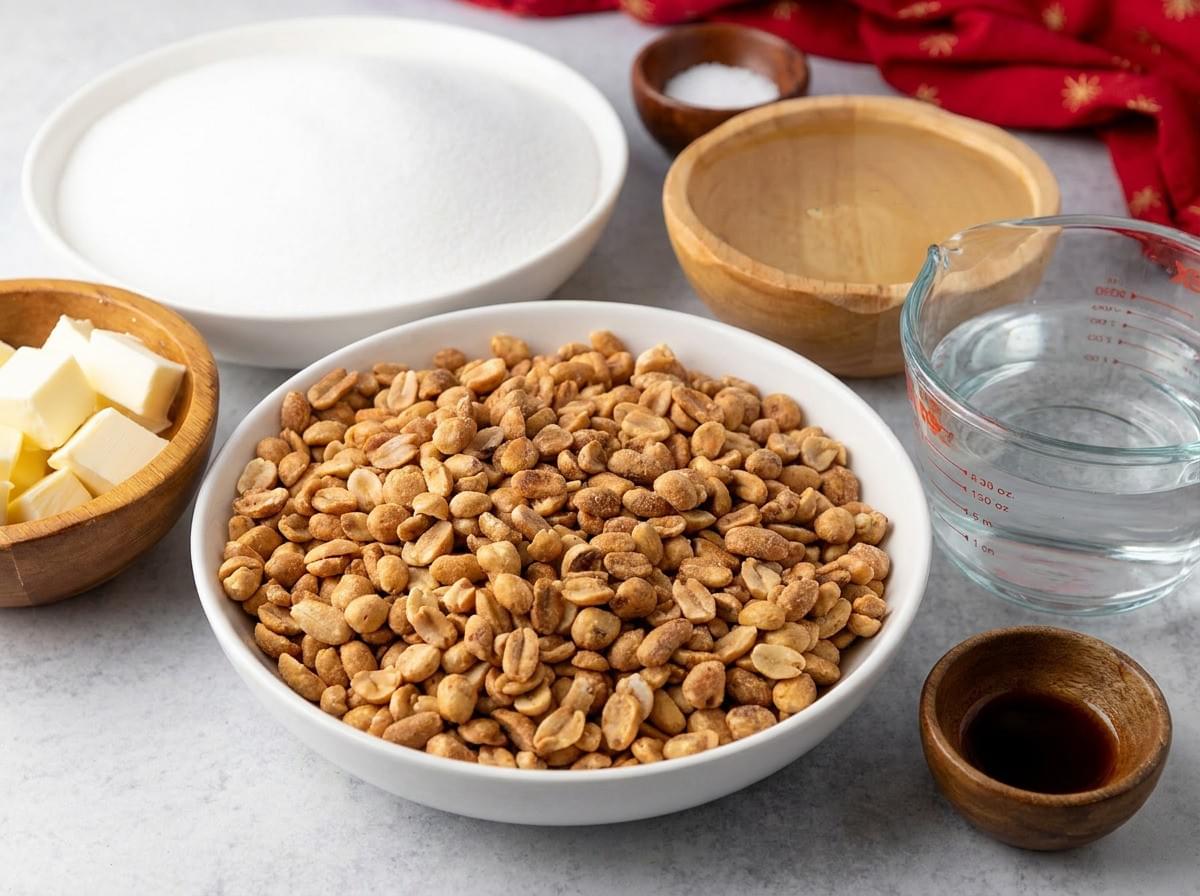 Ingredients for making peanut brittle arranged in bowls, featuring a large bowl of roasted peanuts, a bowl of white sugar, cubed butter, a glass measuring cup of liquid, and small bowls of honey and vanilla extract. Ingredients for making peanut brittle arranged in bowls, featuring a large bowl of roasted peanuts, a bowl of white sugar, cubed butter, a glass measuring cup of liquid, and small bowls of honey and vanilla extract.