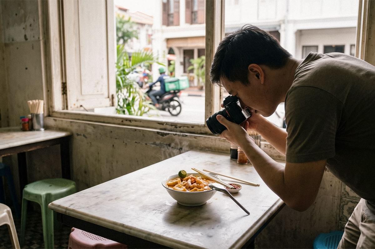 A man photographs a bowl of noodle soup at a casual restaurant, with the dish placed on a marble table beside chopsticks and condiments. A man photographs a bowl of noodle soup at a casual restaurant, with the dish placed on a marble table beside chopsticks and condiments.