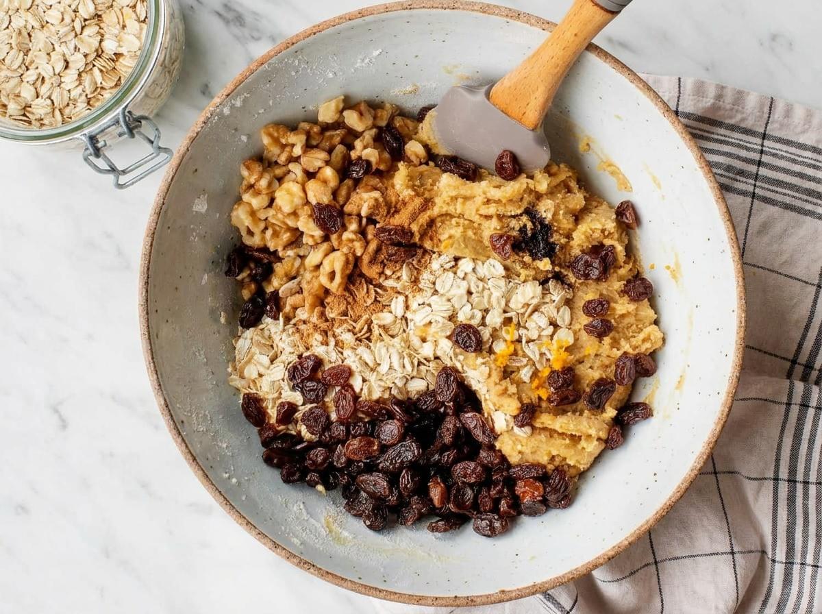 An overhead view of cookie dough in a ceramic mixing bowl, with walnuts, raisins, rolled oats, and cinnamon ready to be folded in with a spatula. An overhead view of cookie dough in a ceramic mixing bowl, with walnuts, raisins, rolled oats, and cinnamon ready to be folded in with a spatula.