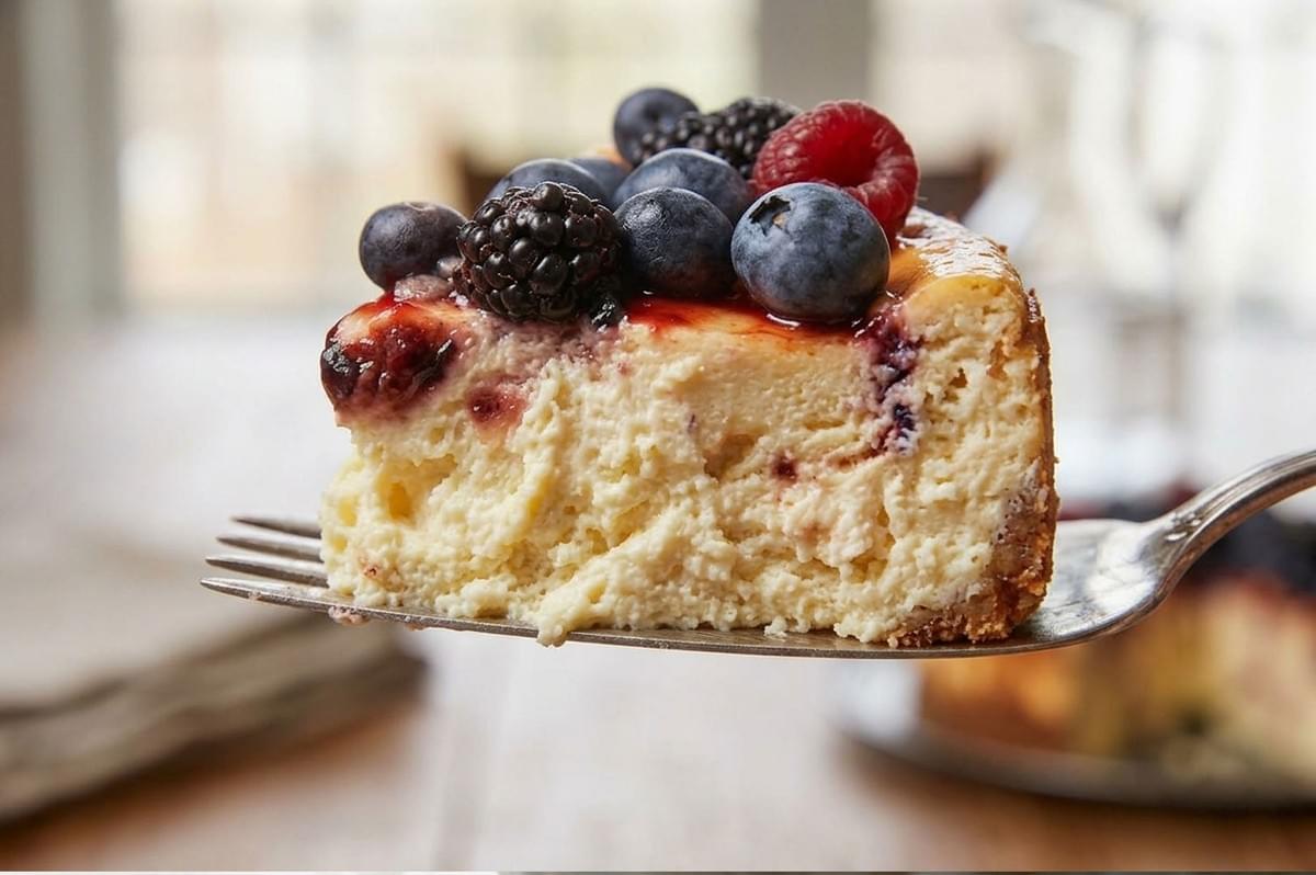 Fork holding a slice of creamy ricotta cheesecake topped with mixed berries and berry sauce Fork holding a slice of creamy ricotta cheesecake topped with mixed berries and berry sauce