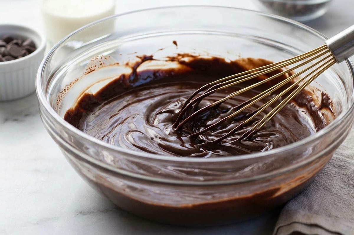 Wire whisk blending smooth chocolate ganache in a clear glass bowl Wire whisk blending smooth chocolate ganache in a clear glass bowl