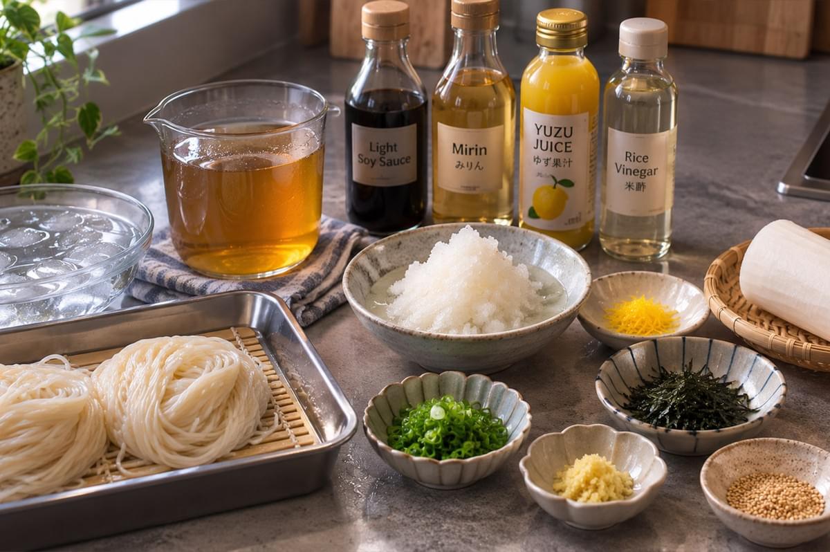 An organized culinary spread on a stone countertop displays neat coils of cooked somen noodles on a metal tray alongside small prep bowls containing grated radish, chopped scallions, grated ginger, yuzu zest, nori strips, sesame seeds, a pitcher of dashi broth, and glass bottles of light soy sauce, mirin, yuzu juice, and rice vinegar. An organized culinary spread on a stone countertop displays neat coils of cooked somen noodles on a metal tray alongside small prep bowls containing grated radish, chopped scallions, grated ginger, yuzu zest, nori strips, sesame seeds, a pitcher of dashi broth, and glass bottles of light soy sauce, mirin, yuzu juice, and rice vinegar.