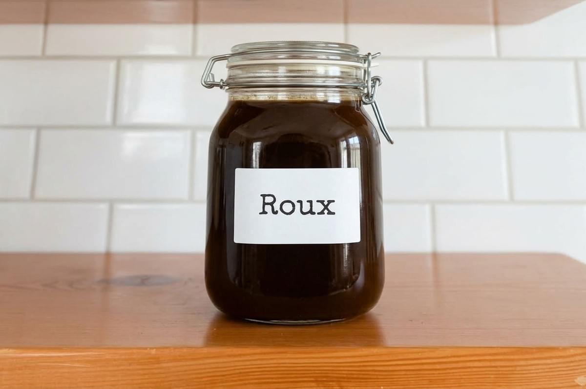 Glass storage jar with clamp lid filled with dark brown roux, labeled "Roux" on white tile background Glass storage jar with clamp lid filled with dark brown roux, labeled "Roux" on white tile background