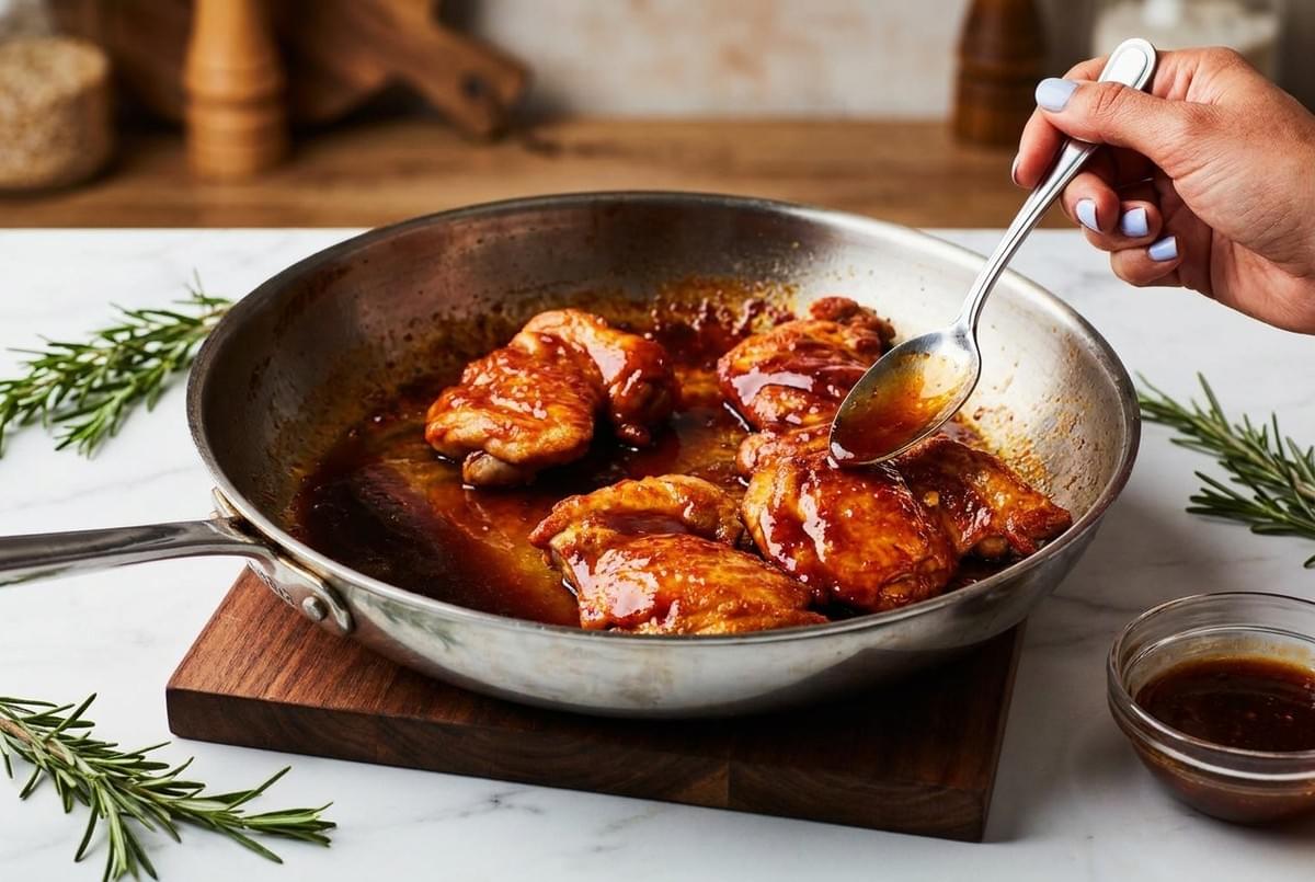 Spooning glaze over chicken thighs cooking in a skillet. Spooning glaze over chicken thighs cooking in a skillet.