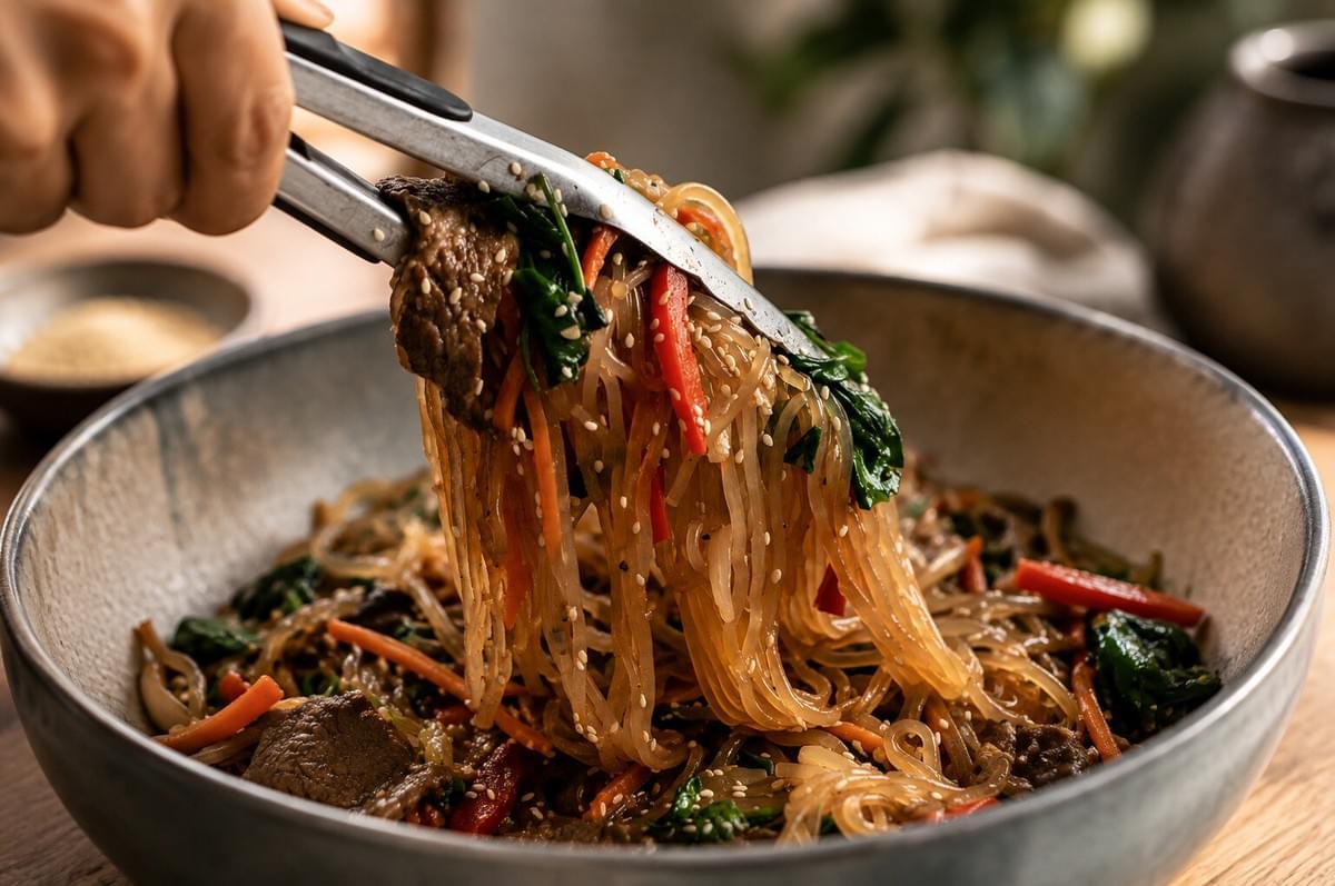Metal kitchen tongs picking up a portion of Japchae from a grey bowl. Metal kitchen tongs picking up a portion of Japchae from a grey bowl.