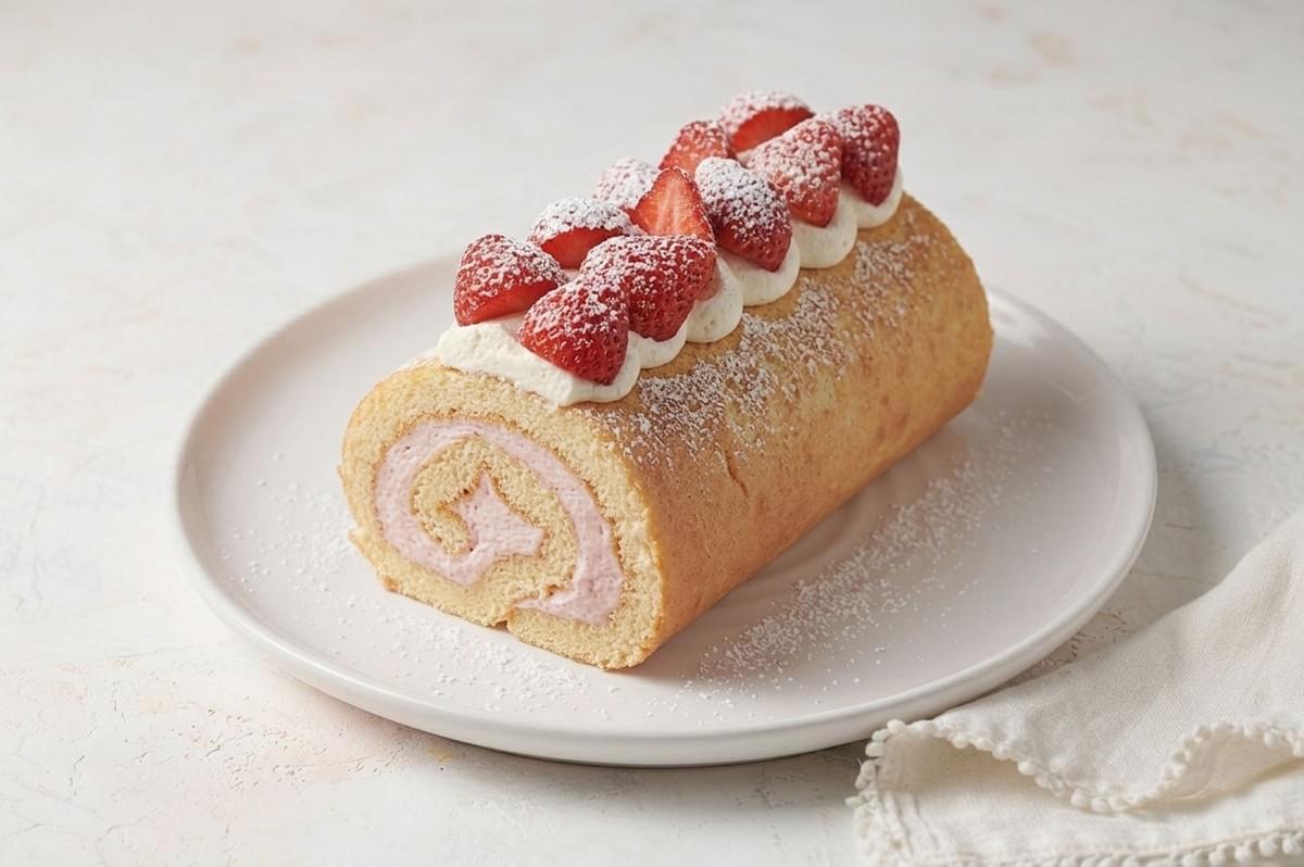 Whole strawberry Swiss roll cake decorated with whipped cream, fresh strawberries, and powdered sugar on a white plate Whole strawberry Swiss roll cake decorated with whipped cream, fresh strawberries, and powdered sugar on a white plate