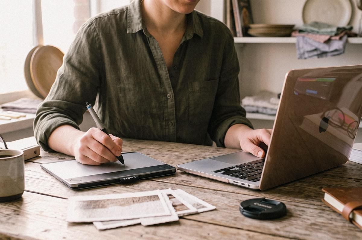 A creative works on a laptop and graphics tablet at a wooden table, with photography equipment and printed materials nearby. A creative works on a laptop and graphics tablet at a wooden table, with photography equipment and printed materials nearby.