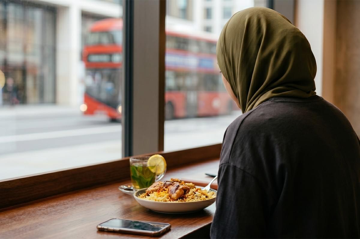 A person wearing a hijab dining at a window seat with a bowl of chicken biryani and tea, with a blurred red double-decker bus visible in the background. A person wearing a hijab dining at a window seat with a bowl of chicken biryani and tea, with a blurred red double-decker bus visible in the background.