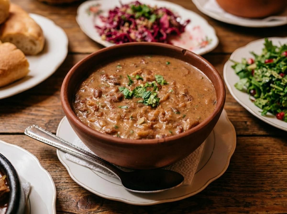 Clay bowl filled with thick bean soup garnished with chopped herbs, served alongside flatbread and side salads. Clay bowl filled with thick bean soup garnished with chopped herbs, served alongside flatbread and side salads.