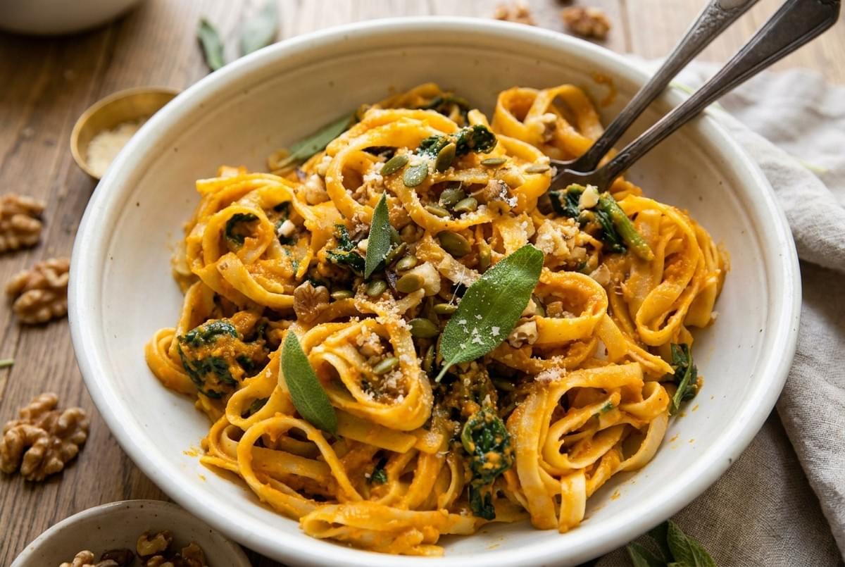 Bowl of fettuccine pasta tossed in creamy pumpkin sauce and topped with pumpkin seeds and sage. Bowl of fettuccine pasta tossed in creamy pumpkin sauce and topped with pumpkin seeds and sage.