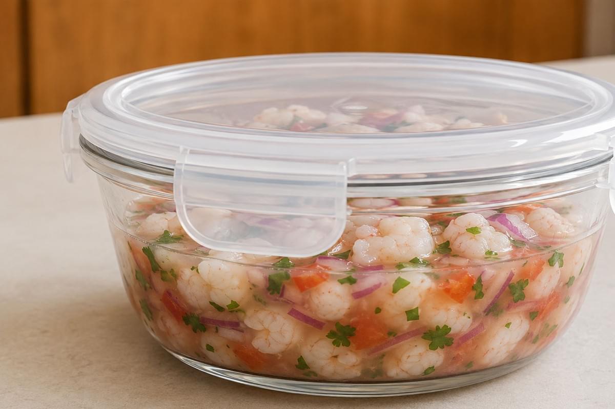Glass storage container filled with shrimp ceviche, sealed with a clear plastic lid on a kitchen counter Glass storage container filled with shrimp ceviche, sealed with a clear plastic lid on a kitchen counter