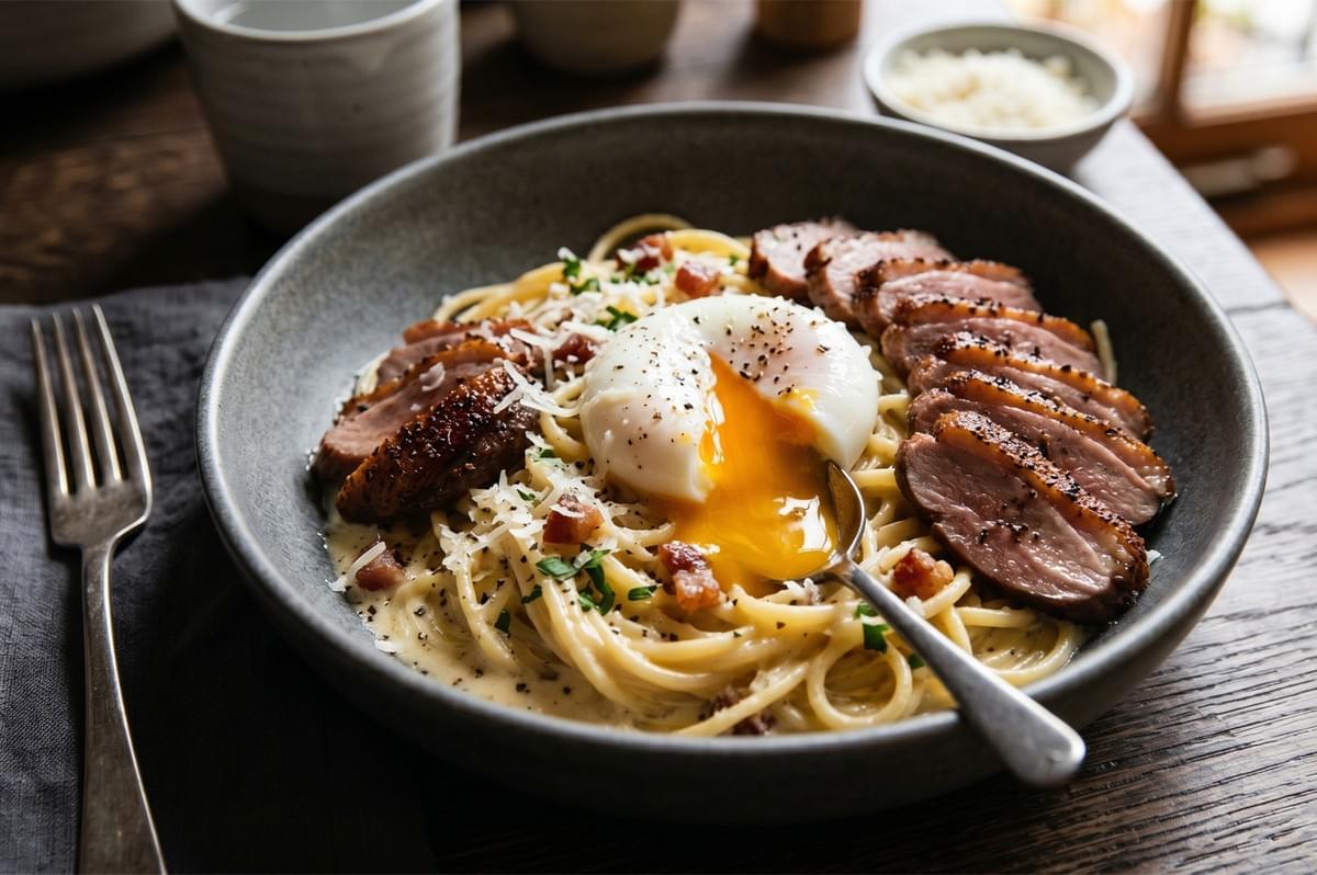 Creamy pasta topped with sliced duck breast and a running poached egg in a grey bowl. Creamy pasta topped with sliced duck breast and a running poached egg in a grey bowl.