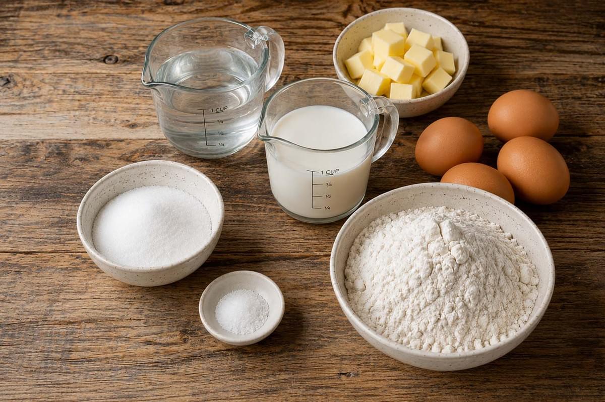 Ingredients for Paris-Brest including flour, sugar, butter, eggs, milk, water, and salt on a wooden table Ingredients for Paris-Brest including flour, sugar, butter, eggs, milk, water, and salt on a wooden table