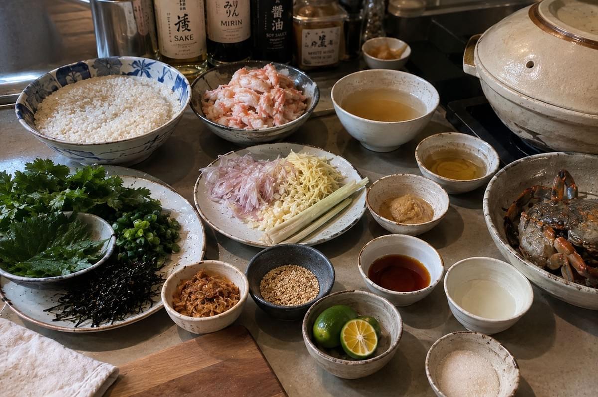 A comprehensive top-down spread displays all the raw and prepped ingredients needed to make Japanese crab claypot rice laid out in small ceramic dishes across a counter. The arrangement includes uncooked white rice, flaked crab meat, whole fresh crabs, dashi broth, sliced shallots, julienned ginger, chopped green onions, fresh herbs, nori strips, sesame seeds, calamansi halves, and bottles of cooking sake, mirin, and soy sauce. A comprehensive top-down spread displays all the raw and prepped ingredients needed to make Japanese crab claypot rice laid out in small ceramic dishes across a counter. The arrangement includes uncooked white rice, flaked crab meat, whole fresh crabs, dashi broth, sliced shallots, julienned ginger, chopped green onions, fresh herbs, nori strips, sesame seeds, calamansi halves, and bottles of cooking sake, mirin, and soy sauce.