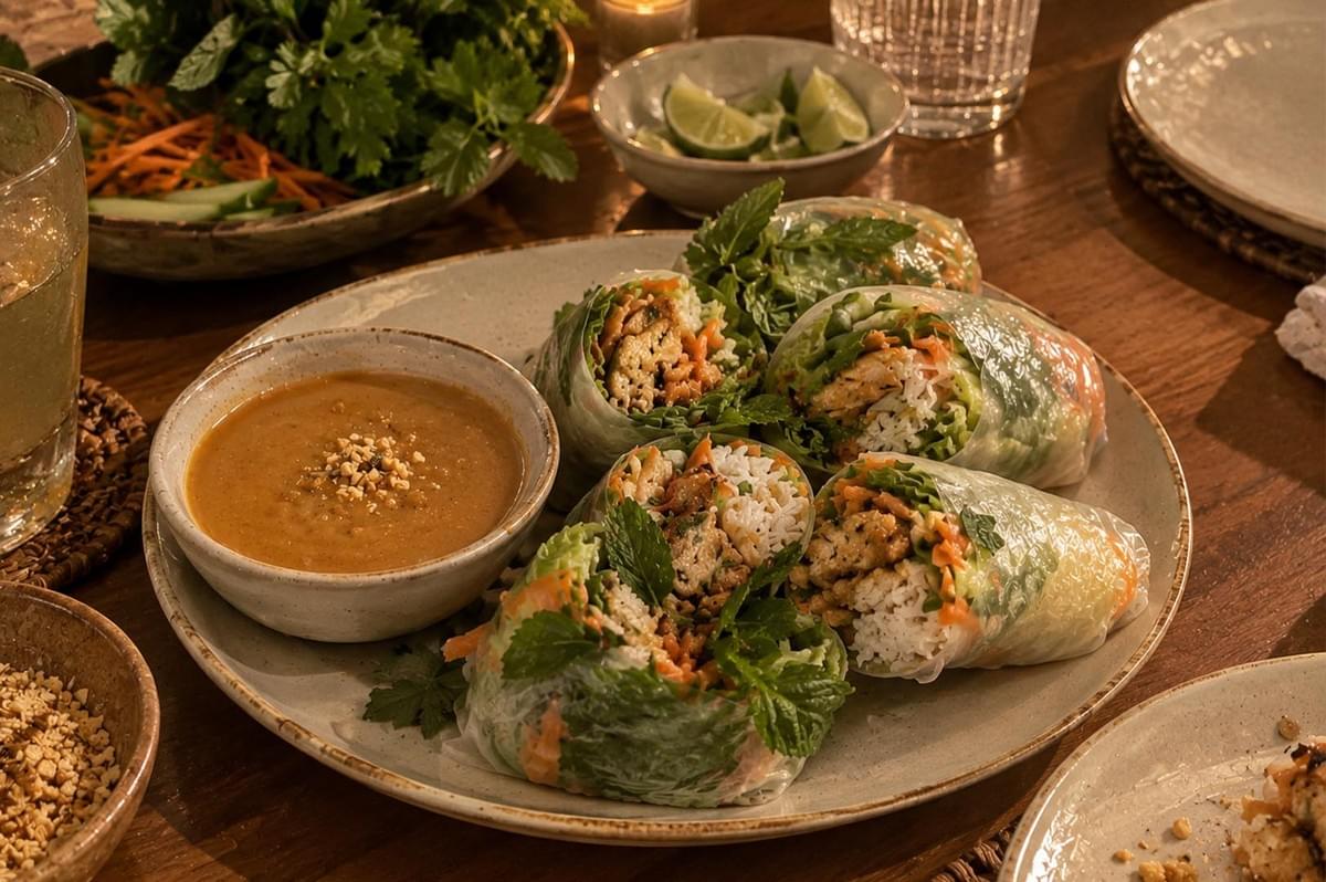 A table setup bathed in warm evening light highlights a circular serving platter filled with fresh rice paper rolls and a central bowl of creamy satay sauce sprinkled with chopped seeds. Small side dishes containing crushed nuts, lime wedges, and fresh herb garnishes frame the main platter on a wooden dining table. A table setup bathed in warm evening light highlights a circular serving platter filled with fresh rice paper rolls and a central bowl of creamy satay sauce sprinkled with chopped seeds. Small side dishes containing crushed nuts, lime wedges, and fresh herb garnishes frame the main platter on a wooden dining table.