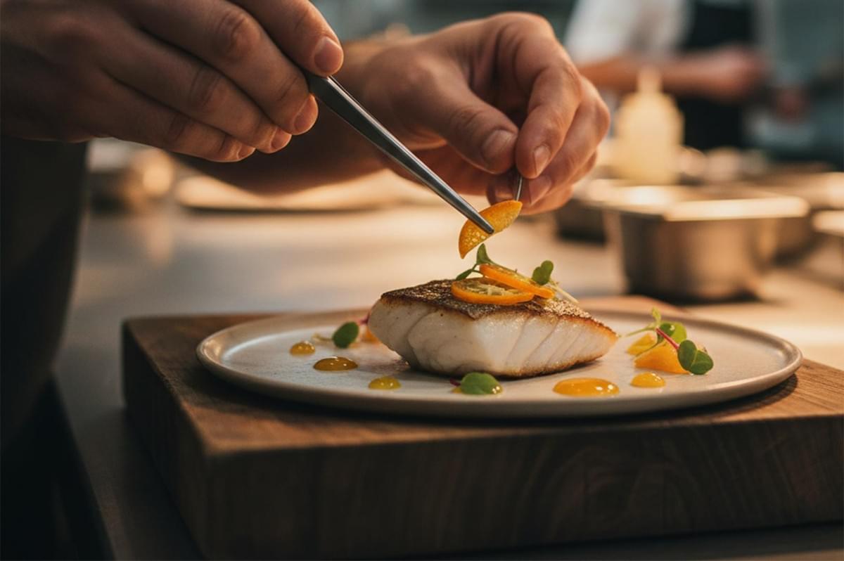 Close-up of a professional chef using tweezers to precision-plate a seared white fish fillet with citrus slices and microgreens in a fine-dining kitchen. Close-up of a professional chef using tweezers to precision-plate a seared white fish fillet with citrus slices and microgreens in a fine-dining kitchen.