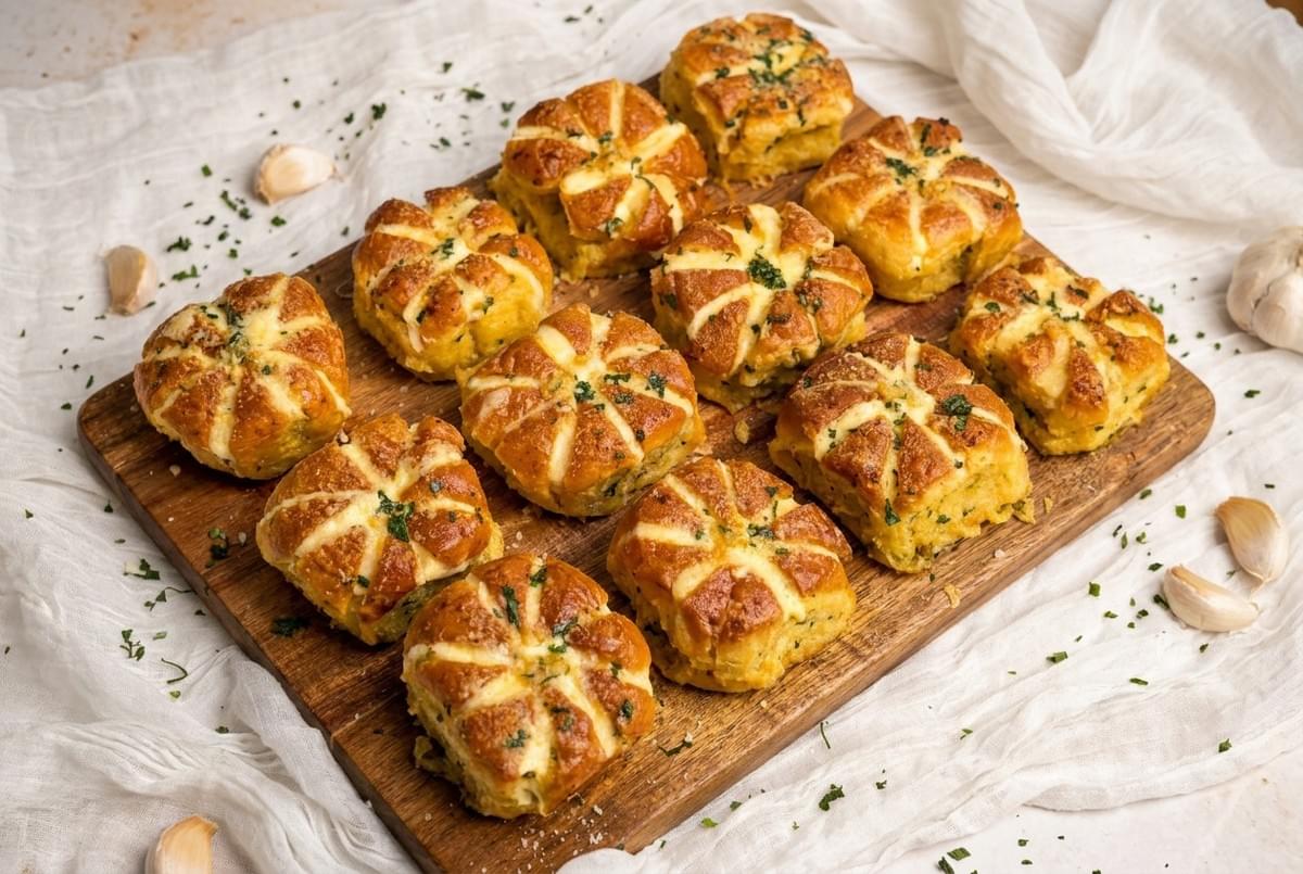 Top-down view of twelve square Korean cream cheese garlic buns on a wooden board. Top-down view of twelve square Korean cream cheese garlic buns on a wooden board.